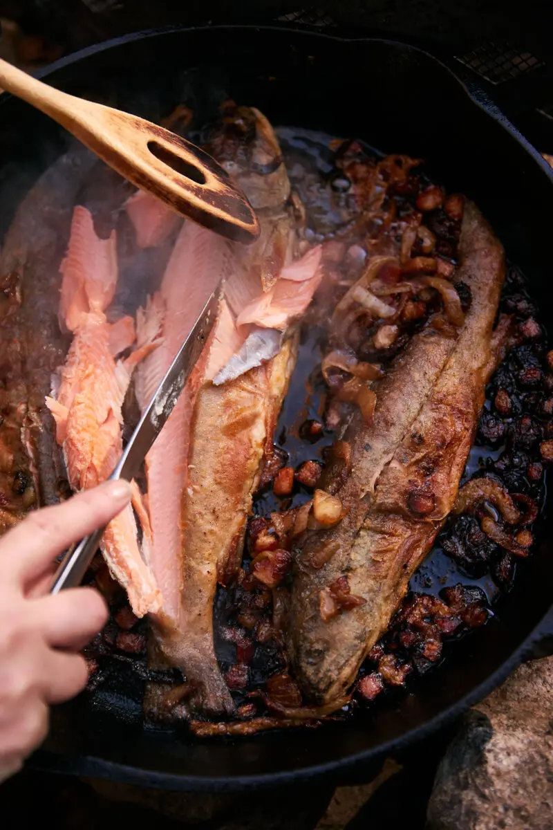 Fire grilled fish: campfire trout with bacon and caramelized onions in a cast iron pan over the coals