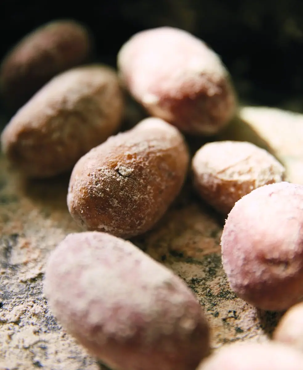 Salt-crusted potatoes with wrinkled, salt-dusted skins straight from the pan